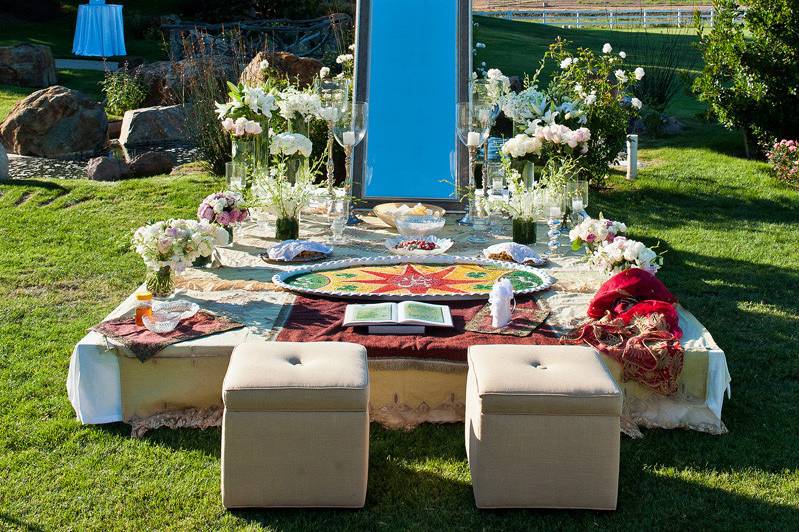 Sofreh Aghd setup. Leili & Hooman Malibu Persian Wedding @Saddlerock Ranch (Joshua Bobrove Photography)