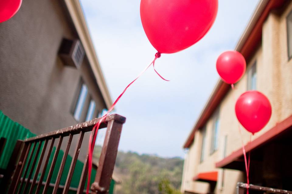 Red Balloons Decor Outside Bride's House. Kelly & Glen Chinese Fusion Wedding @Beverly Hills Private Estate. (Gavin Holt Photography)