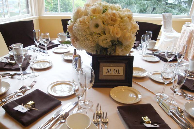 Floral Centerpiece and Framed Table Number. Molly & Bret Country Club Wedding @Altadena Town & Country Club (Heidi Ryder Photography)