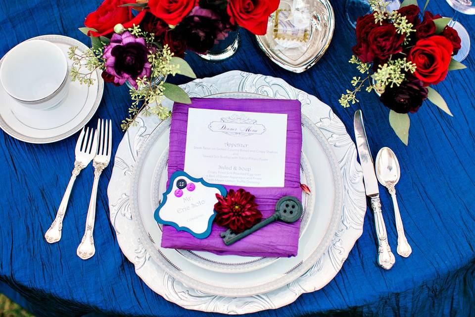 In the Clouds Events - Purple and navy tablescape