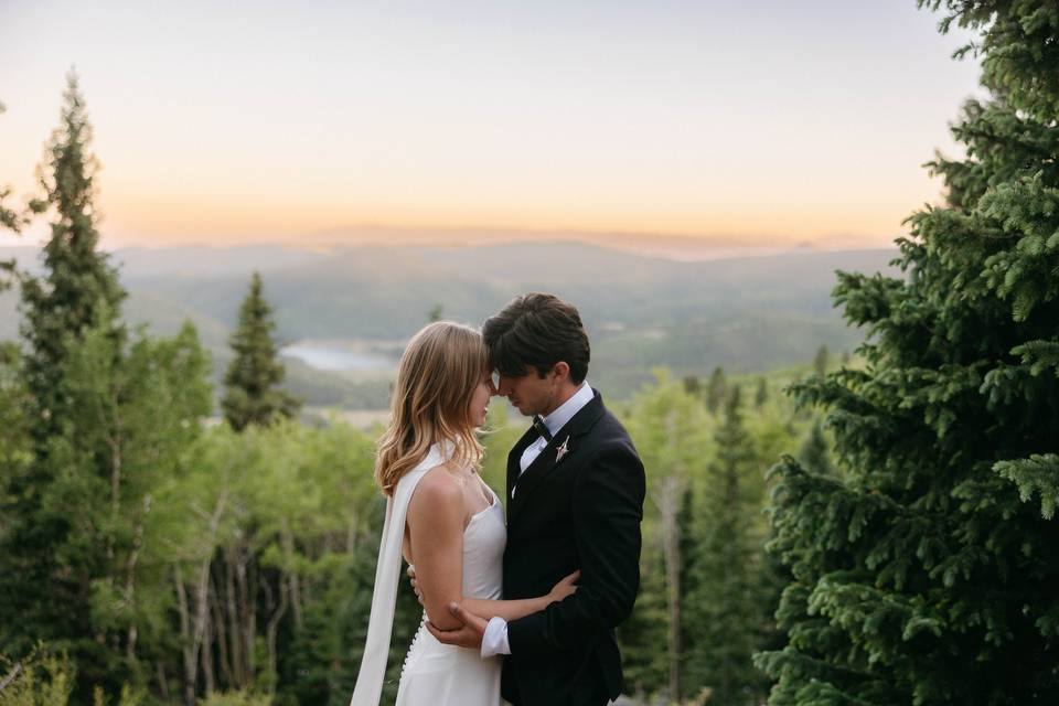 Bride and groom at sunset