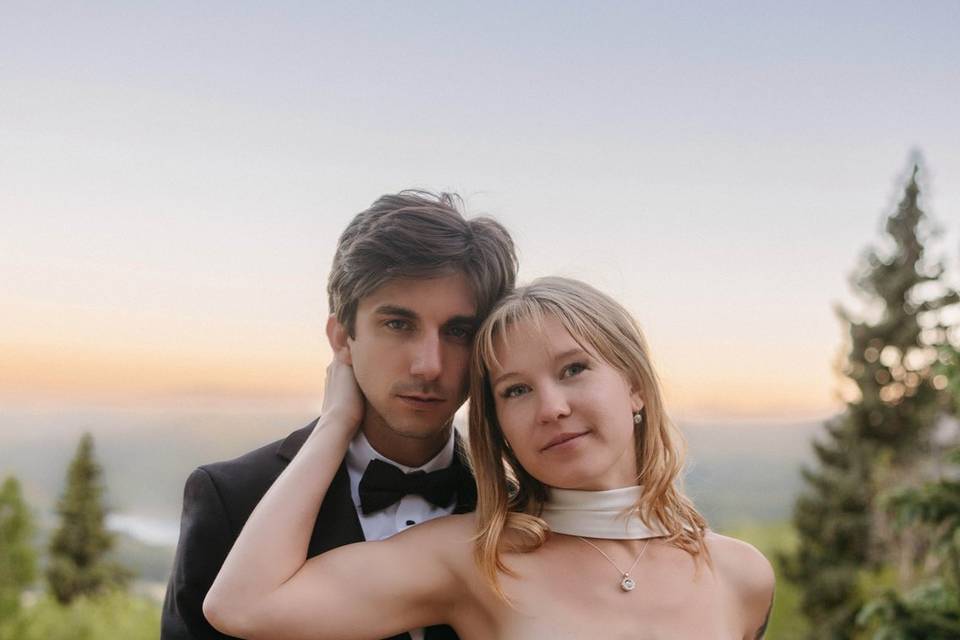 Bride and groom at sunset