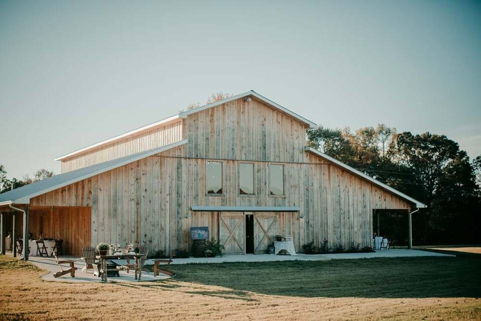 An exterior shot of the barn