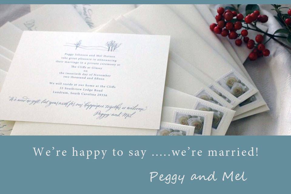 Place cards, table cards, thank you notes and monograms are just a few of the details that can make your day reflect your own personal touch.
If you're getting married in Charleston at St Michaels with the reception at eh Francis Marion, there's a lot of competition for attention:)
