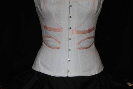 1820's Empire Waist Style Corset in white cotton sateen with pink trim
