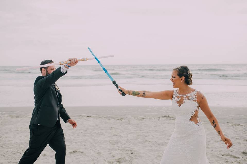 Lightsaber fight on the beach