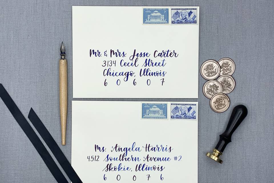 Blue ink centered calligraphy