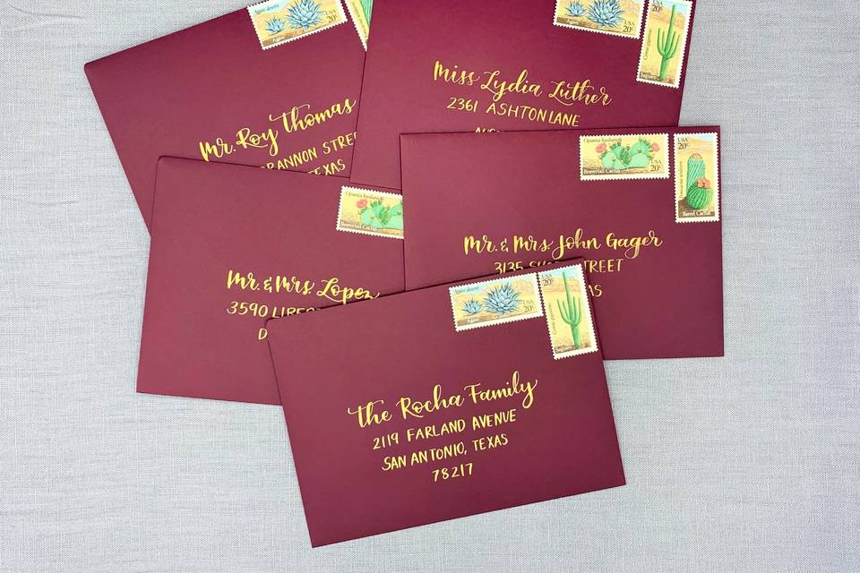 Gold ink & burgundy envelopes