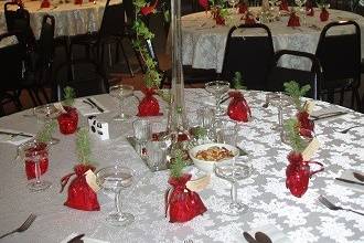 Reception flowers in tall vase of red roses and green hydrangeas by Loeffler's Flowers