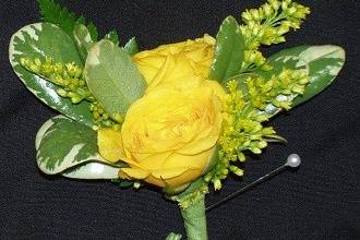 Yellow spray roses and solidago bout by Loeffler's Flowers