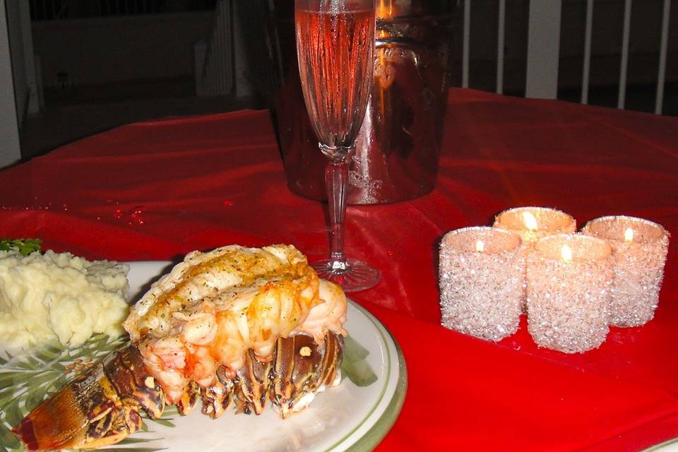 Fresh lobster dinner on the poolside gazebo.