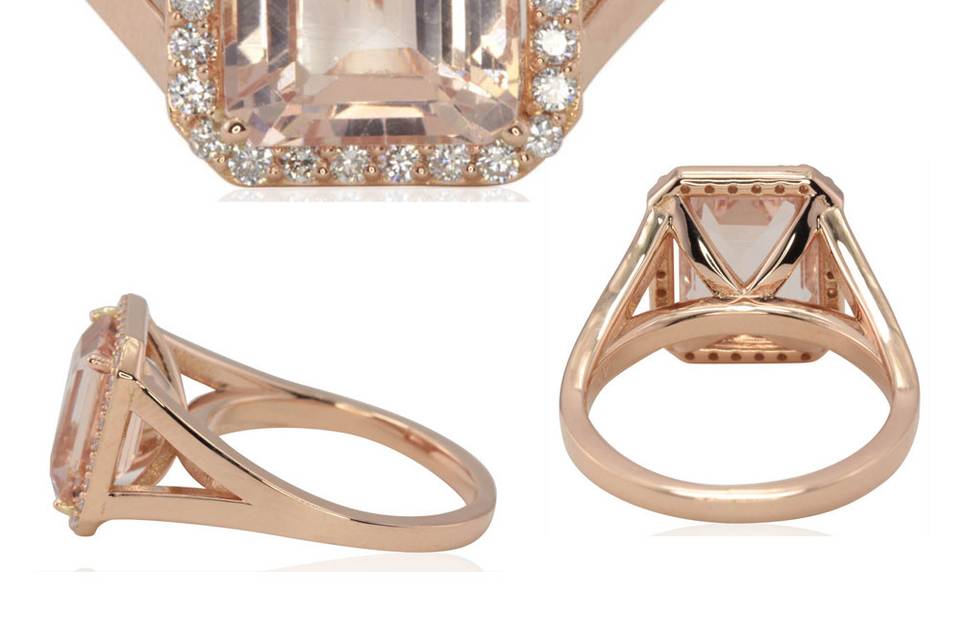LS4434 featuring a radiant cut peach Morganite center stone, surrounded by a halo of natural diamonds.  See all details here:
https://www.lauriesarahdesigns.com/product/morganite-ring-diamond-halo-plain-split-shank/