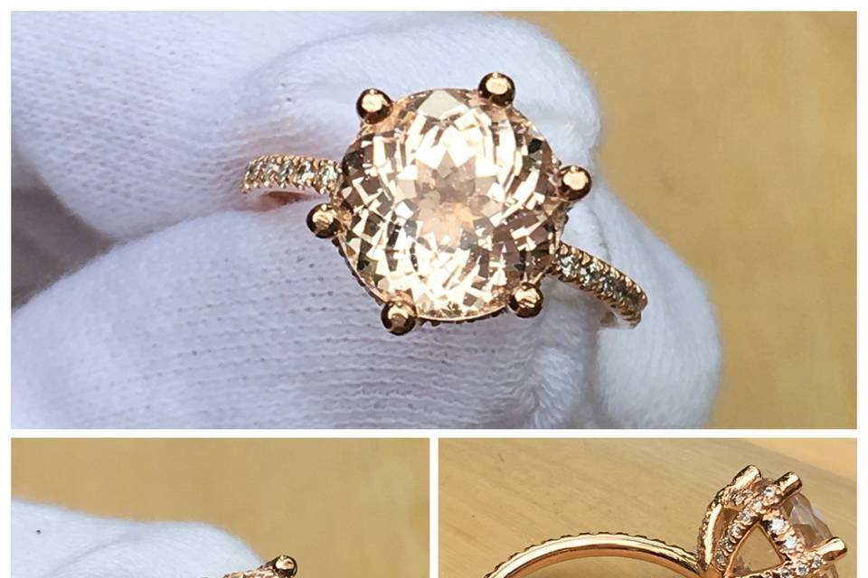 This beauty is our special Portuguese Round Cut Morganite ring with a diamond side halo and diamond prongs! Truly stunning!
See full details here:
https://www.lauriesarahdesigns.com/product/round-morganite-ring-diamond-side-halo-six-prongs/