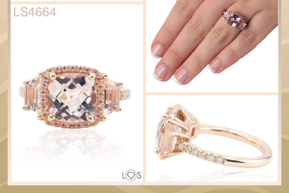 This little lovely has three square morganites and a pink sapphire halo. Absolutely gorgeous!
See full details here:
https://www.lauriesarahdesigns.com/product/three-stone-ring-cushion-morganite-pink-sapphire-halo/