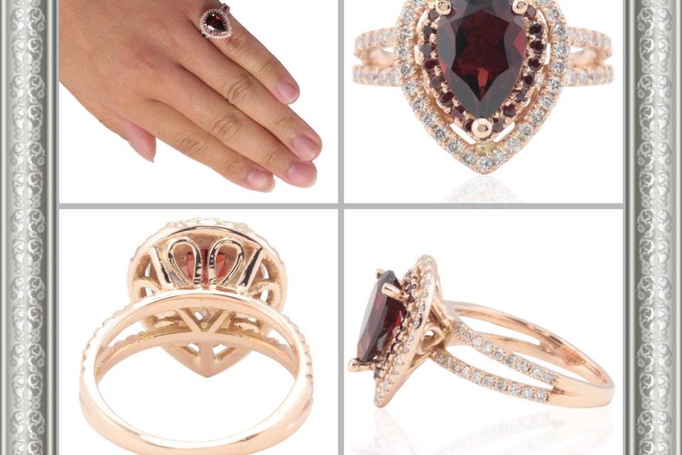 This is an elegant rose gold ring with a pear shaped diamond stone and a diamond halo!
See full details here:
https://www.lauriesarahdesigns.com/product/garnet-ring-pear-double-halo-split-shank-rose-gold/