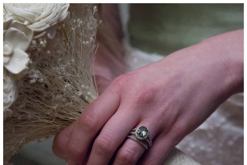 Enjoy our prasiolite engagement ring with a diamond halo and gorgeous filigree! The lady in the picture sure did!
