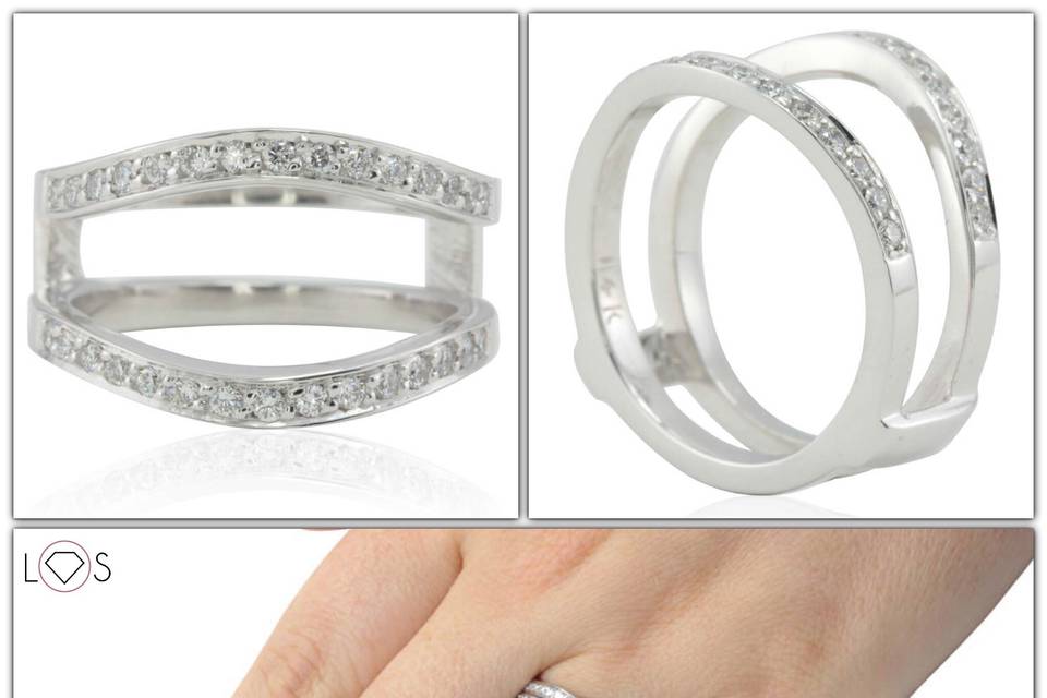 This beauty is a wedding wrap, also known as a ring jacket! It is a wedding band designed to wrap around your beautiful ring, just like it's wrapping around the ring in the bottom picture here!
See full details here: https://www.lauriesarahdesigns.com/product/diamond-ring-wrap-pave-set-stones-14k-white-gold/