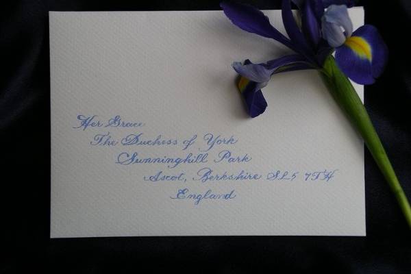This envelope is addressed to  Her Grace the Duchess of York in blue ink on an off white envelope.