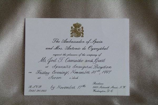 Completed the preprnted invitation for a function hosted by the Ambassador of Spain.