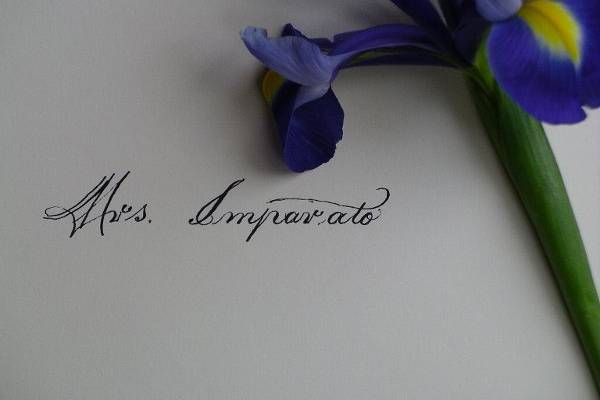 An inner envelope addressed to Mrs. Imperato in a calligraphy style designed by Melanie Roth.  It is called Modern Architecture because two separate architects chose this for their weddings.