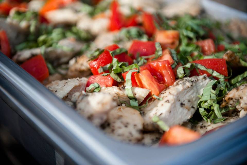 Basil chicken: sautéed breast of chicken with roma tomatoes, fresh basil & garlic in a white wine butter sauce