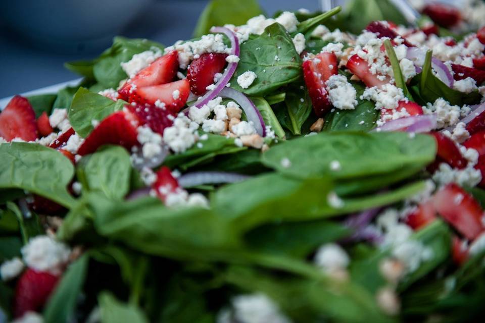 Mesclun salad: mesclun greens with toasted walnuts, fresh cut strawberries and bleu cheese.