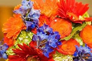 This vivid summer bouquet is filled with lime green hydrangea, red and orange gerbera daisies, a two-tone orange and red rose with vibrant blue summer delphinium.  The bouquet was accented with small austrian crystals to twinkle as the bride walked down the candlelight aisle.