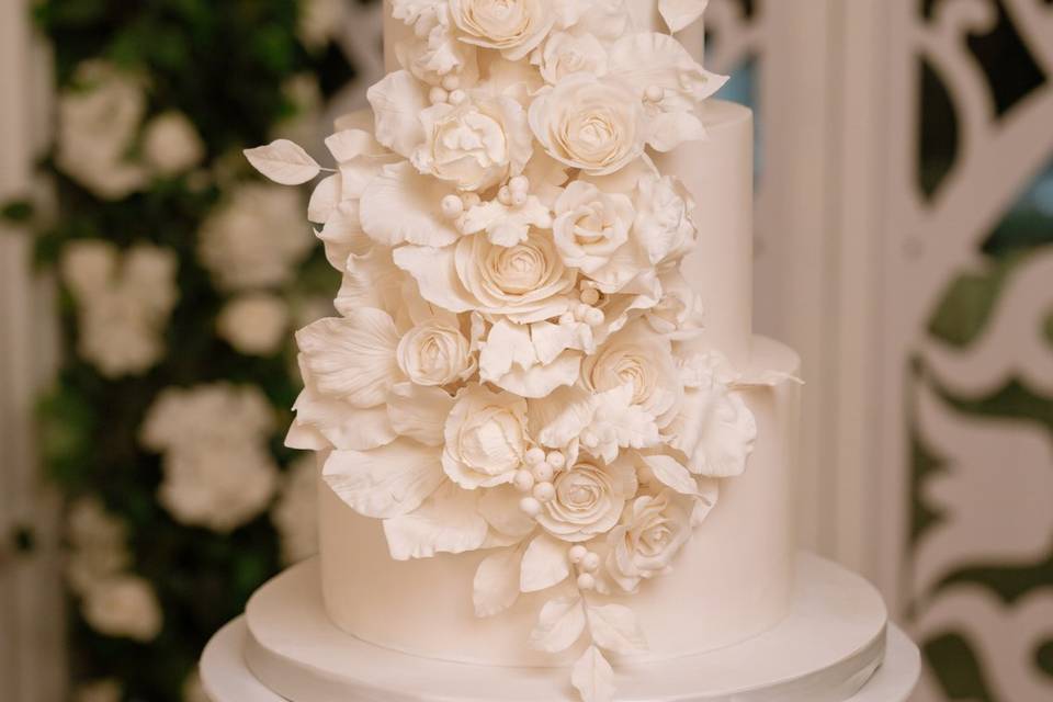 All White Sugar Flowers Cake