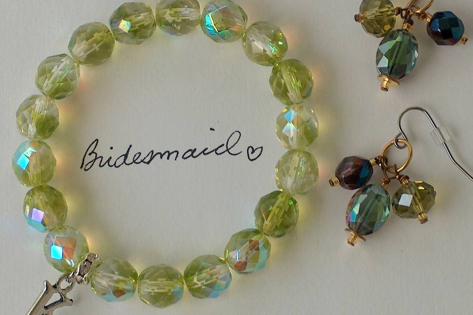Protection bracelet by Marinella to coordinate with bridal parties theme color and with each bridesmaid initial charm - Swarovski crystal drop earrings
