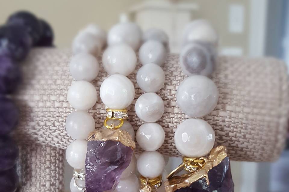 Protection Braclets by Marinella | gorgeous agate with real amethyst nugget charms | amethyst is one of the most powerful healing gems.