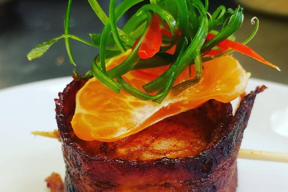 Candied bacon wrapped scallop