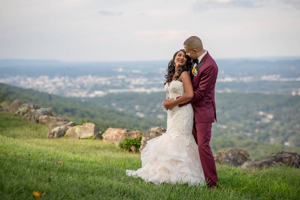 Bride and groom in mountains