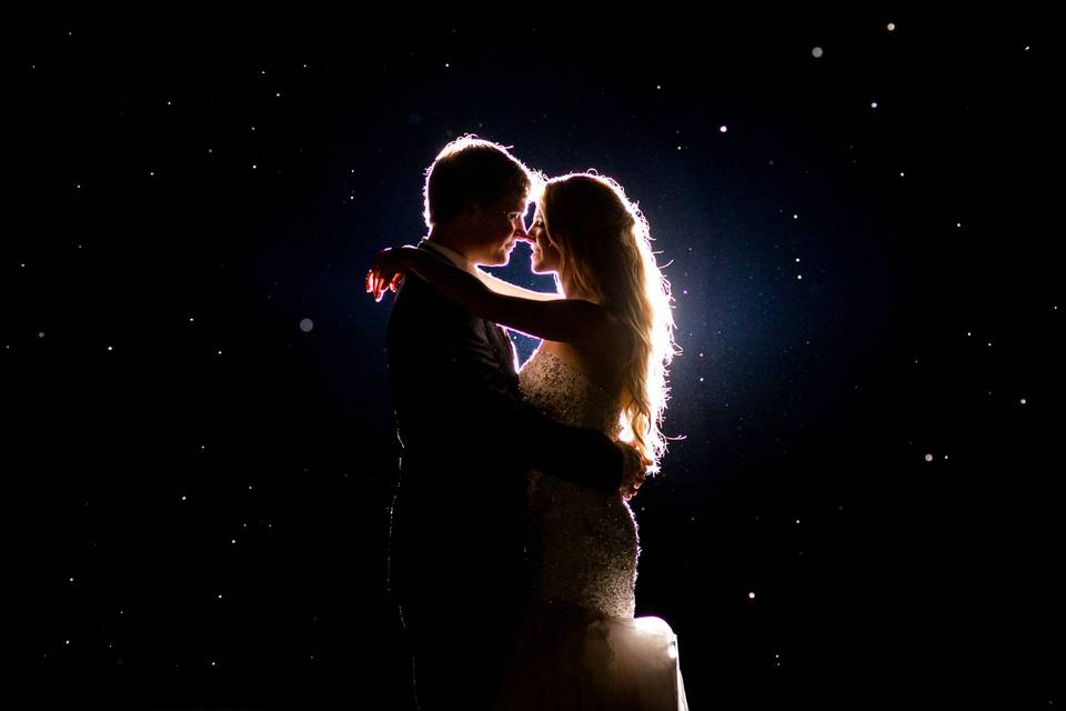 Bride and groom at night