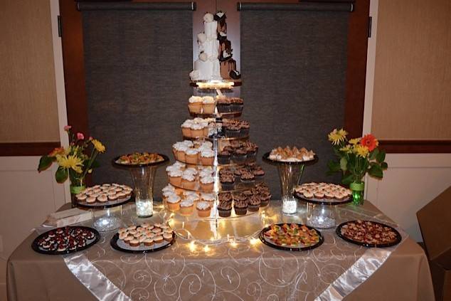 Dessert Table with Cupcake Tower and Tiered Cake