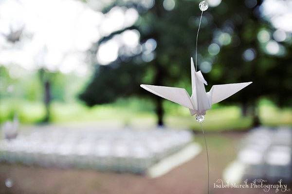 These are origami cranes our bride made and sent to us to design/string throughout the ceremony site. Very cool!