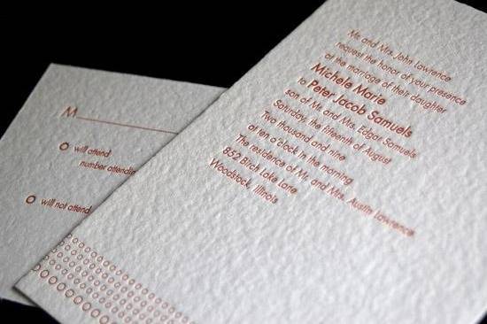 Mod-inspired and elegant, this contemporary design is letterpress printed on custom-made recycled paper. The paper, made by hand just for Girl Metro, is the perfect eco-friendly luxury, as it's made entirely of post-consumer waste.
Design name :: hollerith ::