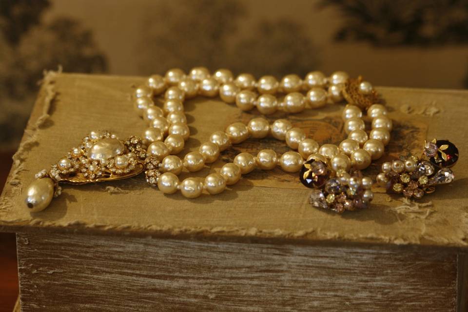 Vintage baroque pearl by Miriam Haskell, rhinestone cluster earrrings, all from The Something Old Collection