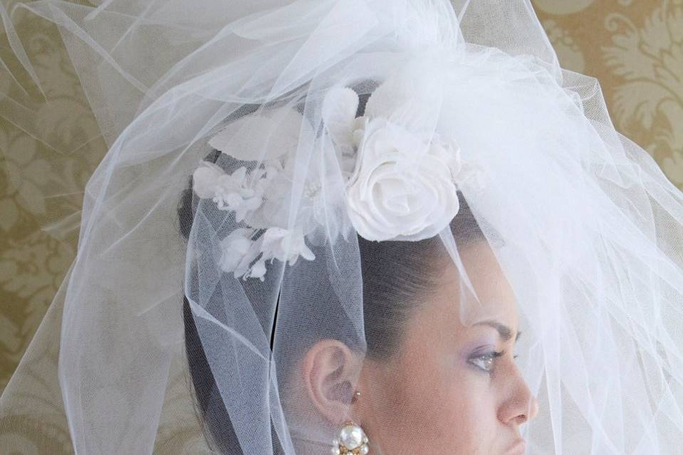 Large tulle birdcage, silk and organza flowers on a comb, Miriam Haskell vintage earrings