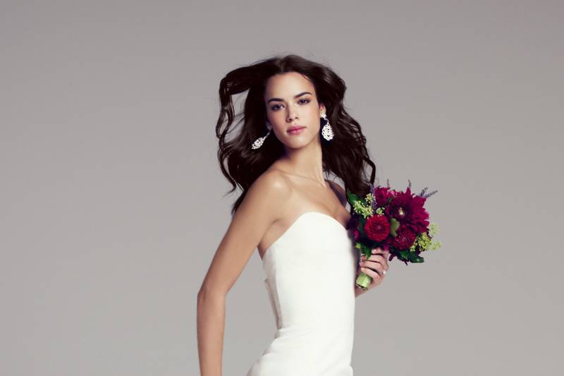 #01-14015Delicate ruffles cascade around a classic strapless gown with a romantic sweetheart neckline.
