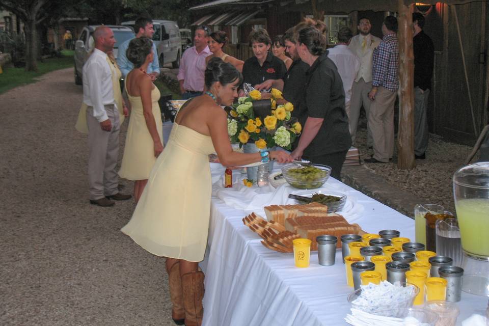 Yellow dress in buffet line
