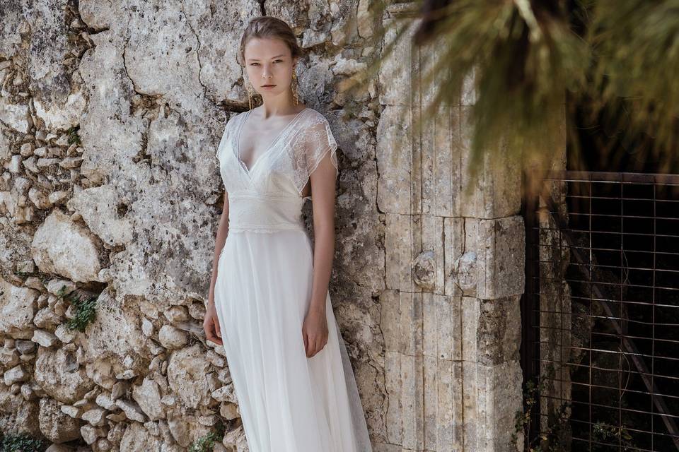 Look 1 Ceto - Cross front delicate chantilly lace & cotton tulle gown