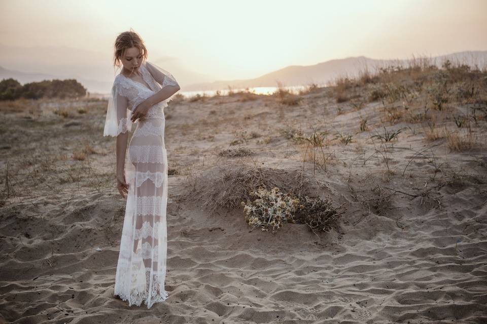 Look 4 Leda - Chantilly lace tiered A-line gown with detachable cape