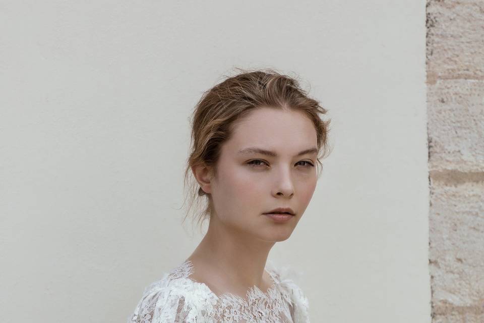 Look 11 Hamadryads - Long sleeve Chantilly lace top with corset detailing & cap sleeves & Autonoe - Straight men's leg tuxedo trouser with cummerbund waistband