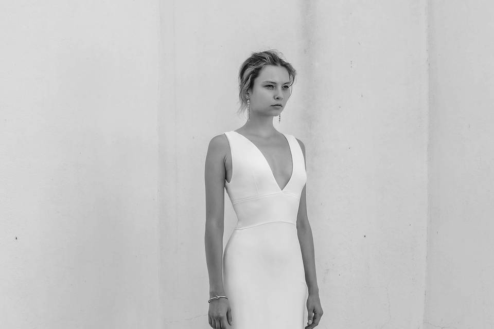Look 12 Maia - Stretch crepe figure hugging gown with plunging v-neck