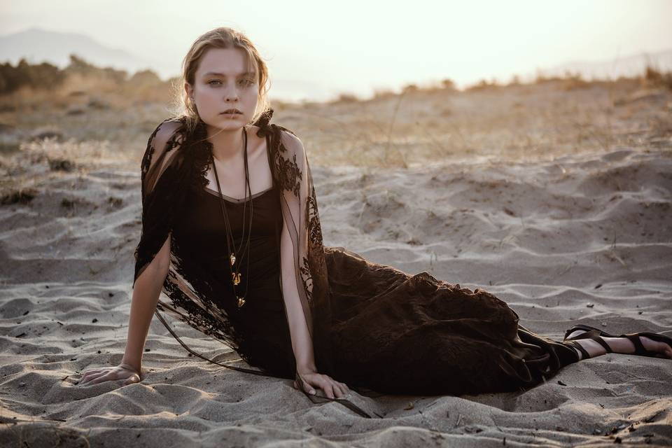 Look 18 Byblis - Black Lace mid length cape & Stretch silk slip dress with tulle ribbon straps & cross back detail