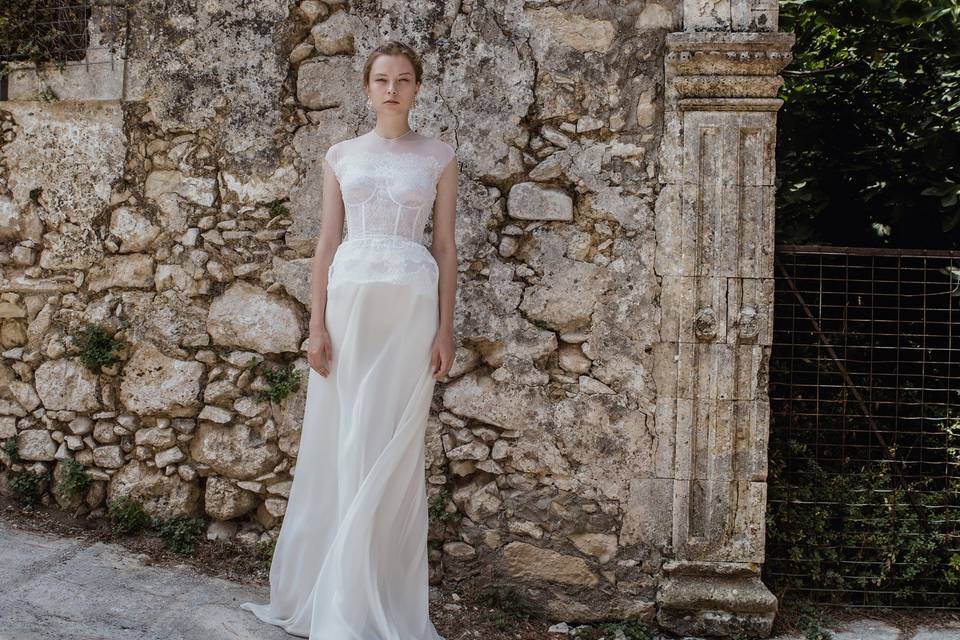 Look 25 Nereid - Full chiffon skirt with long train & illusion top lace corset with peplum