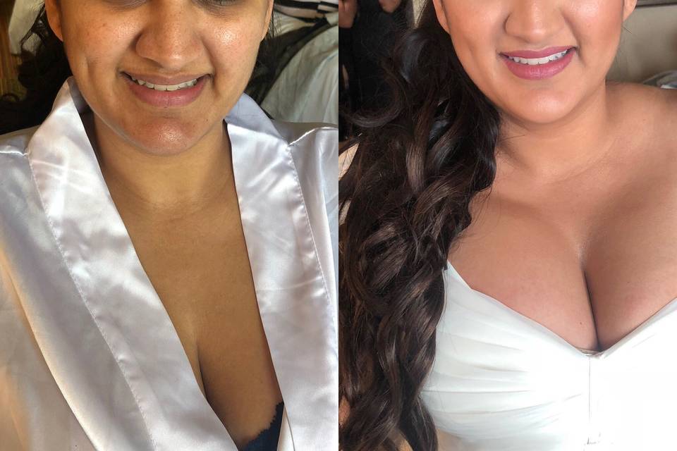 Bride hair and makeup before and after