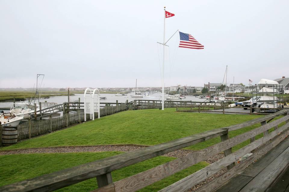 Waterside manicured lawn is ideal for a true Cape Cod wedding ceremony