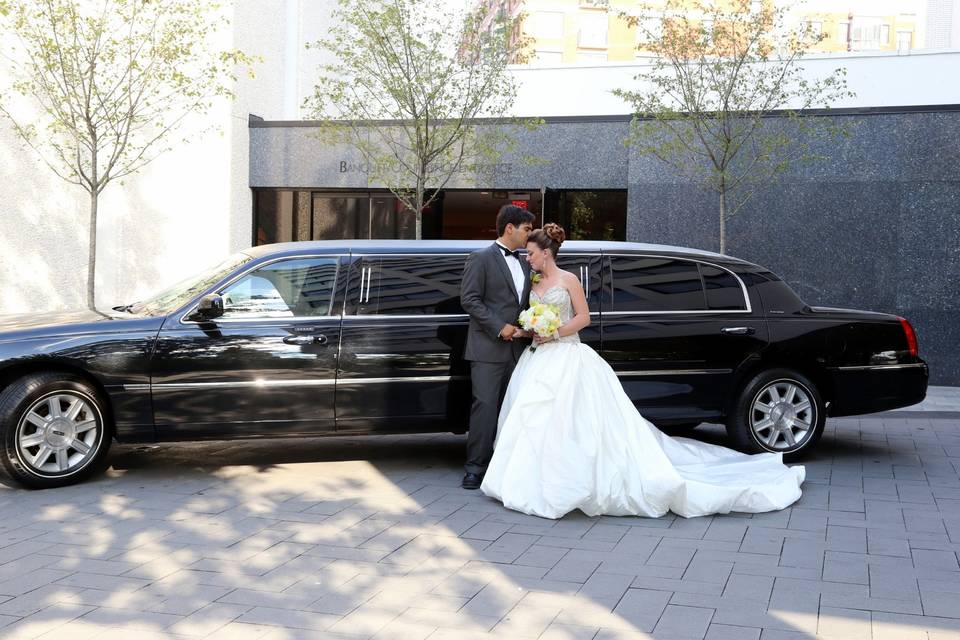 Couple with limo on the circular driveway