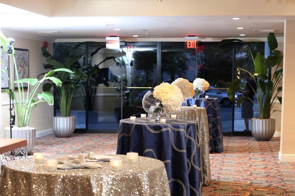 Hightop tables in ballroom foyer